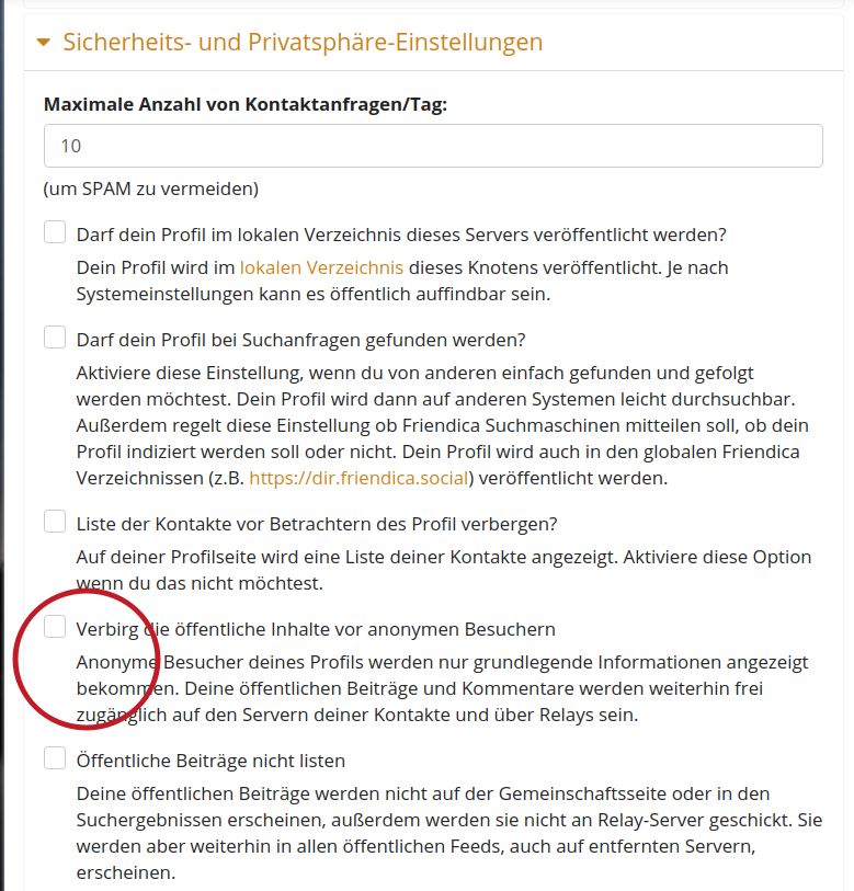 Screenshot Friendica Sicherheit/Privat